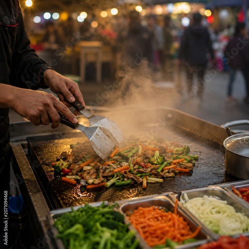 Generic street food stall with sizzling griddle and fresh vegetables
