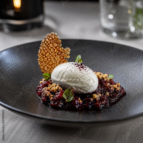 Elegant fine dining dessert plate with berries and cream garnish