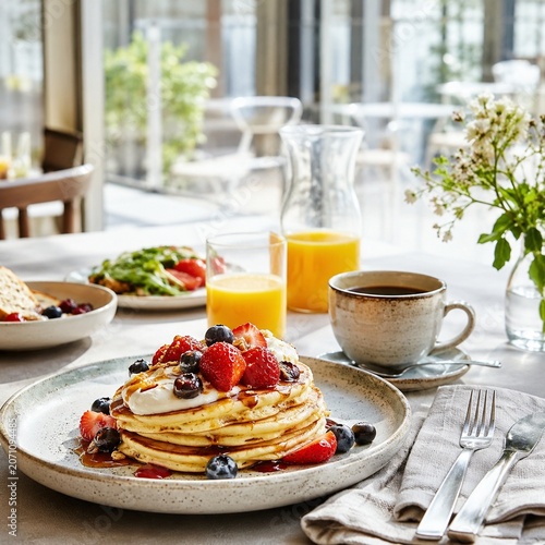 Bright brunch table by a cafe window with pancakes berries and coffee