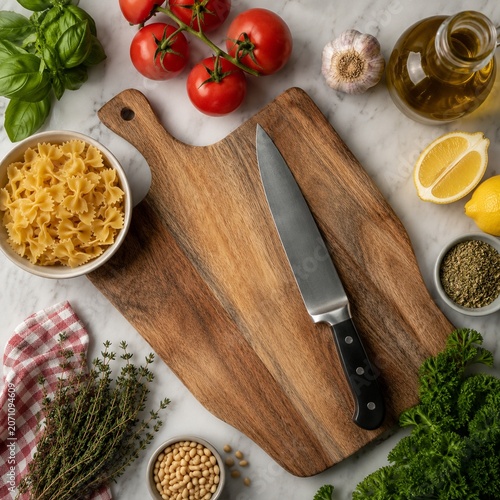 Restaurant prep table flat lay with fresh herbs tomatoes pasta and lemons