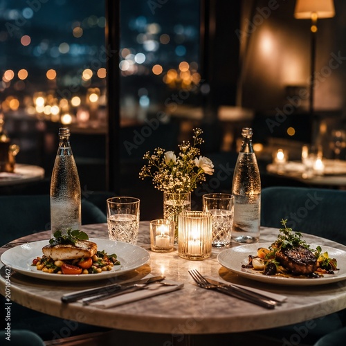 Romantic restaurant dinner table for two with candles and plated entrees