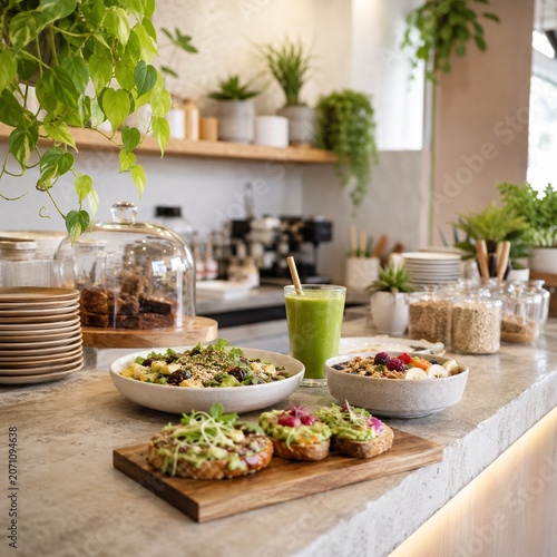 Modern vegan cafe counter with plant based dishes and fresh juice