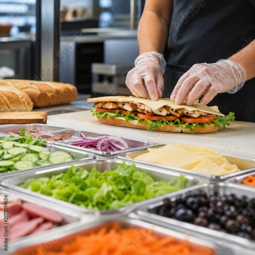 Fresh sandwich being assembled at a casual lunch eatery counter