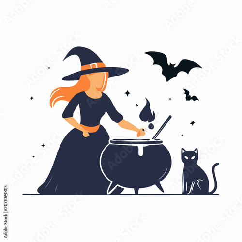 Witch brewing potion with cat and bats, Halloween illustration