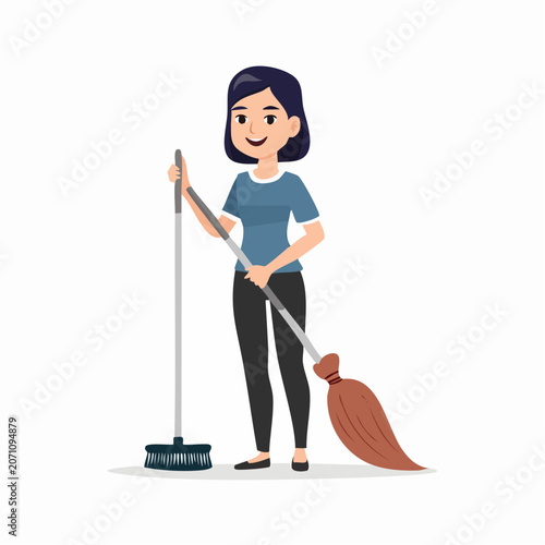 Woman sweeping with a broom, flat design illustration