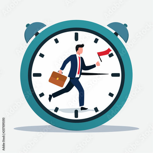 Businessman running on clock face with flag, representing time