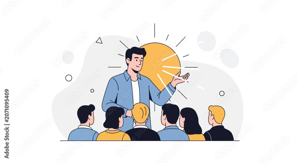 Obraz premium Speaker Presenting Idea Lightbulb to Audience - Vector Illustration