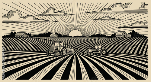 Konstfotografi Two Tractors Plowing a Field at Sunrise.