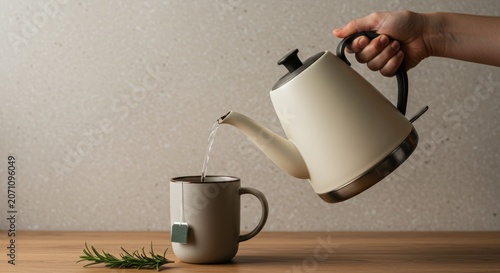 A person pours hot water from a kettle into a cup on a wooden table with a green herb.