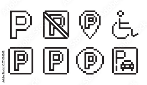 Foto Pixel art parking icons for disabled, no parking, GPS location, and parking garages