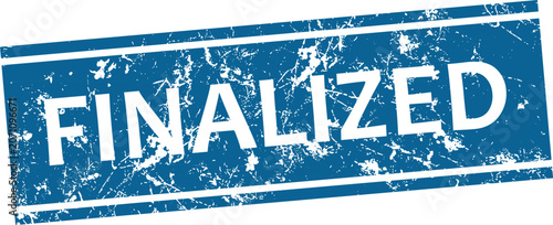 Fotografie Blue finalized stamp with white text and distressed texture