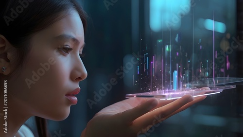 Close up portrait of an Asian woman looking at a glowing hologram floating on her hand, Generative AI