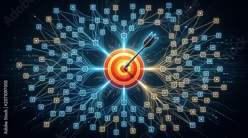 Digital Data Architecture Strategy Visualizing Strategic Goal Achievement Through Connected Information Flow and Centralized Target Precision