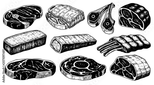 Fotografie Set of hand drawn meat cuts and steaks illustration collection with t bone