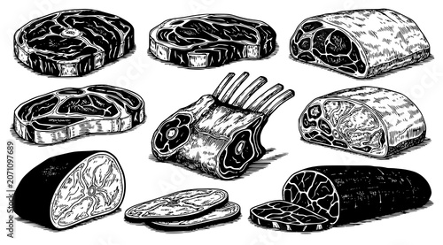 Fotografija Hand drawn assortment of meat cuts steaks and chops collection with t bone