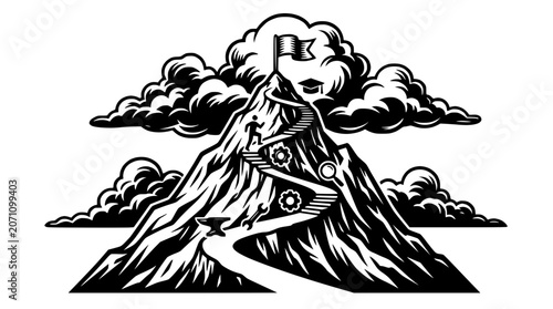 Foto Climbing Mountain to Success: Path, Stairs, Graduation Cap, Flag, Clouds, Gears