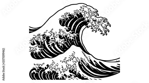 Foto Stylized Black and White Great Wave Illustration, Ocean Swell, Sea Foam, Dynamic