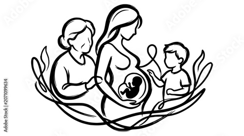 Fotografie Generations of Women: Pregnancy, Motherhood, Grandmother, Child, Family Lineage