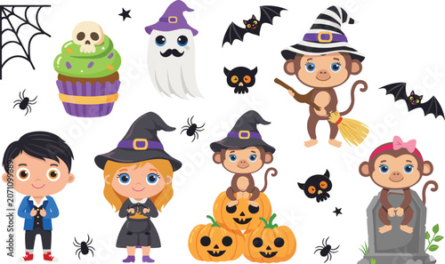 Canvas Print Halloween Monkey Character Set with Witch Costumes Pumpkins Bats Ghost Cupcake a