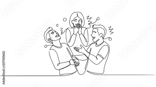 Foto Three friends laughing together, continuous line drawing, joy, friendship, happi