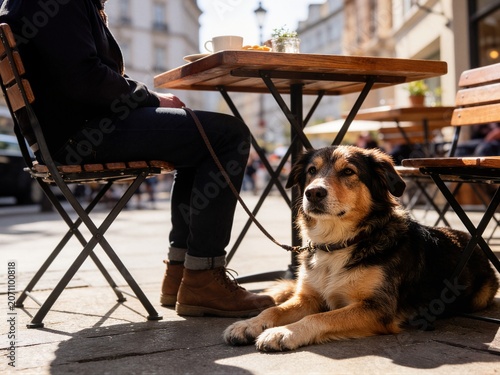 Loyal dog lying under cafe table next to owner legs outdoors suitable for pet friendly restaurant city lifestyle and hospitality business marketing