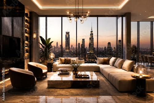 Luxurious modern living room with city skyline view at sunset in high-rise apartment building interior