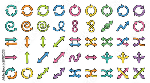 Collection of colorful hand drawn arrows in various shapes and directions on a white background