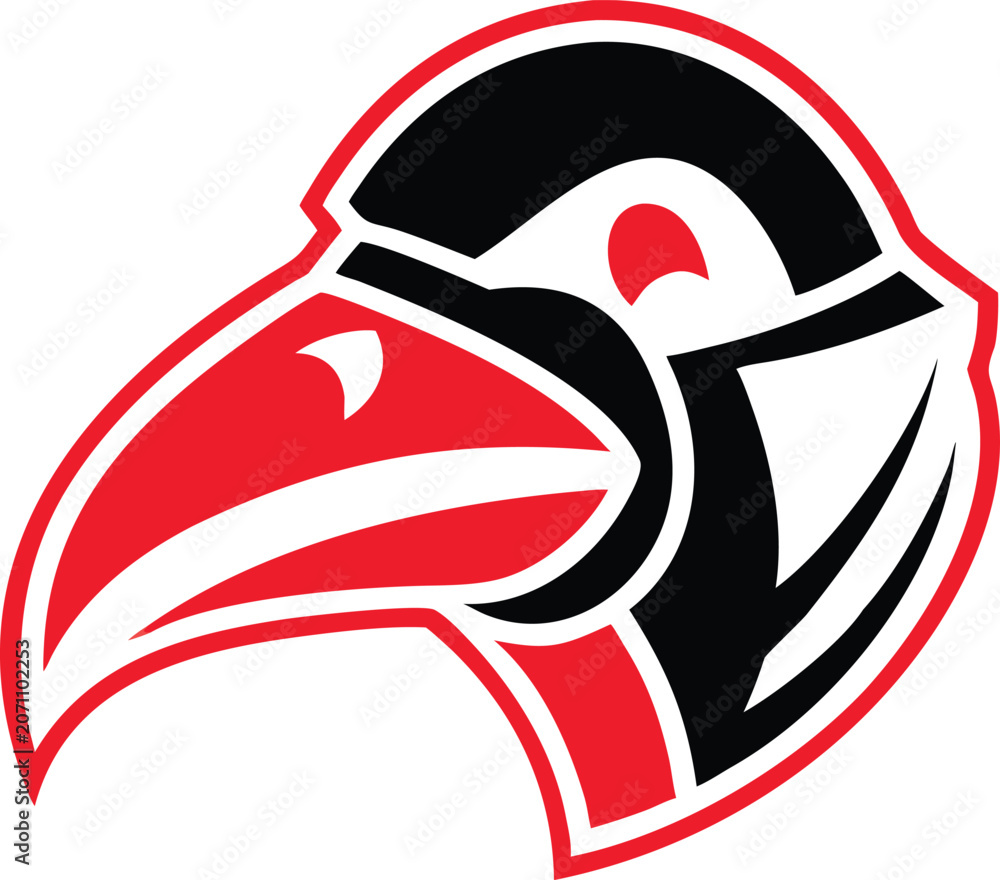 Fototapeta premium Vibrant black and red toucan or hornbill bird head illustration in a modern bold aggressive style for sports teams or brand identity