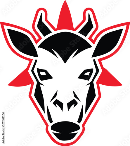 Unique stylized giraffe head emblem featuring prominent black and red shapes reflecting strength and distinctiveness for modern identity