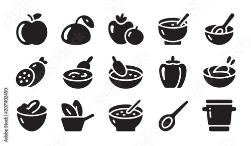 Fotografía Fresh fruit and vegetable icons with bowls of soup and salad and a storage container