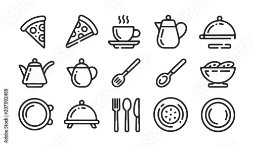 Schilderij op canvas Collection of restaurant line art icons showing pizza tea coffee utensils and dinnerware