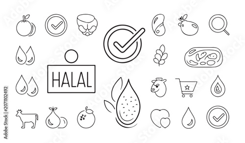 Bild auf Leinwand Linear food and halal related icon set for healthy lifestyle tracking and shop products