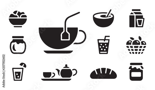 Photos Breakfast and tea time icons collection for morning meal and beverage