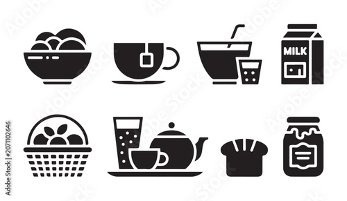 Bild auf Leinwand Breakfast and tea time icon set for morning meal and beverage collection