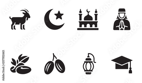 Fotografie Collection of eight islamic themed icons including goat moon mosque and religious items