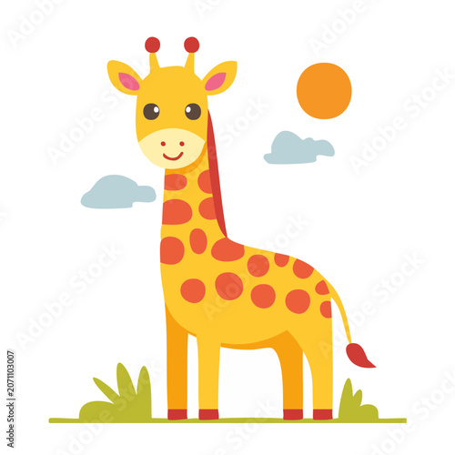 Cute cartoon giraffe illustration with sun and clouds