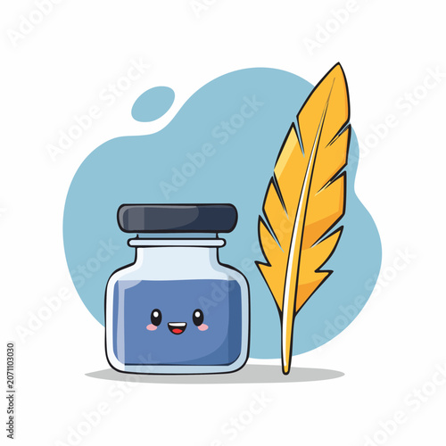 Cute Cartoon Inkwell and Feather Pen