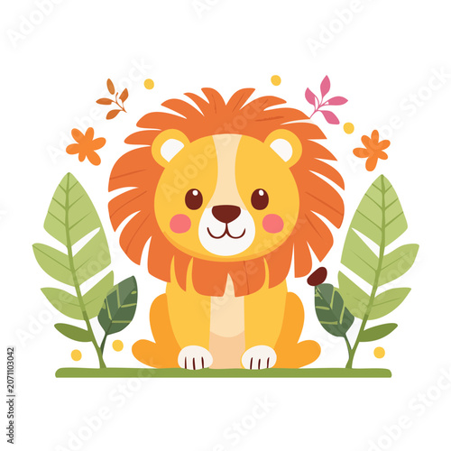 Cute cartoon lion illustration with leaves and flowers