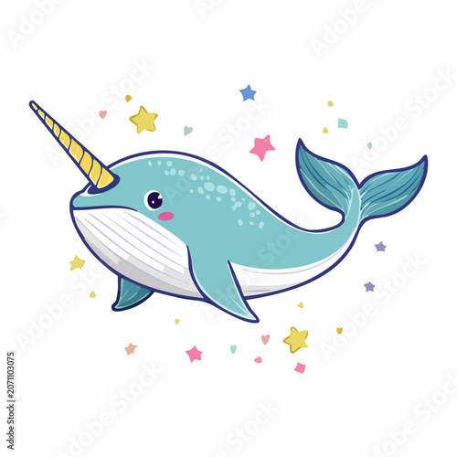 Cute cartoon narwhal with a horn and stars