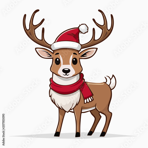 Cute Cartoon Reindeer Wearing Santa Hat and Scarf