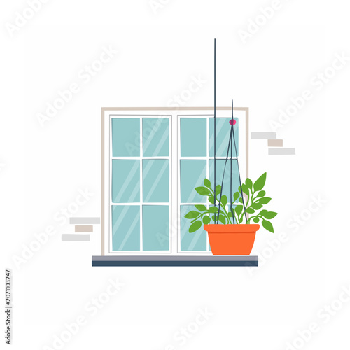 Flat design illustration of a window with a potted plant