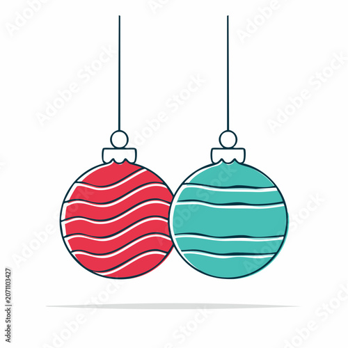 Two Christmas Ornaments, Red and Teal, with Stripes
