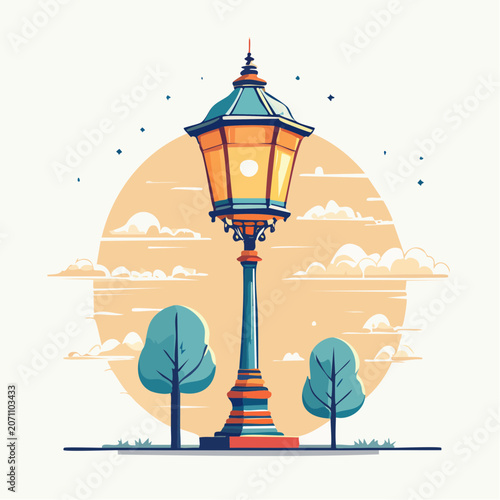 Vintage Street Lamp Illustration with Trees and Clouds