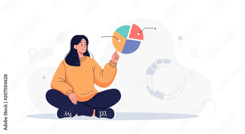 Obraz premium Woman Analyzing Pie Chart Data, Representing Business Analytics, Financial Planning, and Data Visualization Concepts