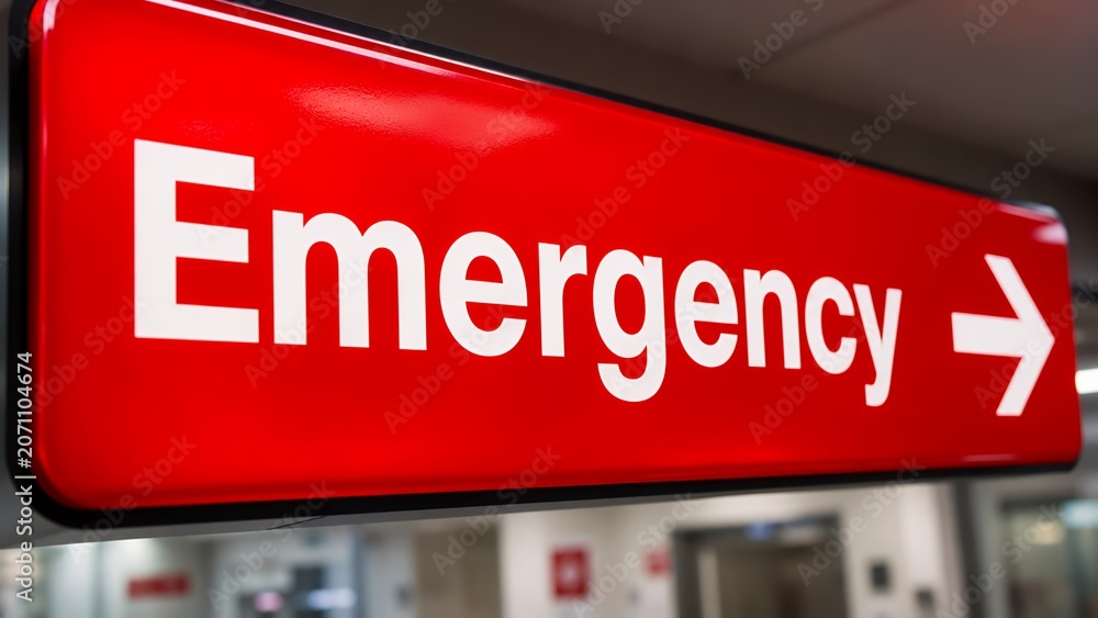 Obraz premium Emergency sign hospital corridor with red arrow exit
