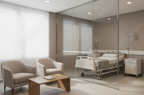 Hospital room with glass partition and modern medical furnishings