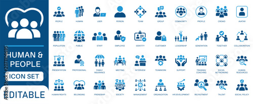 Human and people icon set. featuring corporate teamwork, user profile, business leadership, community group, and human resources in a blue flat design.