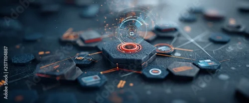 Panel kuchenny z motywem Futuristic interface with glowing components interconnected by lines. Data flows, circular design, hexagon shapes with red accents