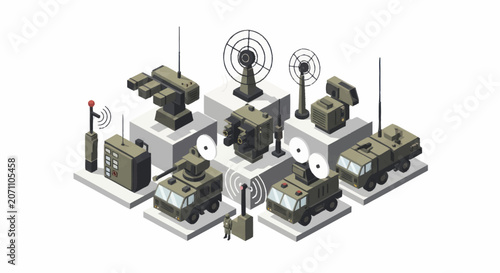 Military radar and communication equipment collection isometric illustration.
