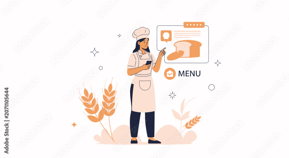 Obraz premium Baker using smartphone to check menu and bread selection online, flat illustration